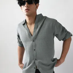 Urbano Fashion Men Metallic Blue Solid Linen Full Sleeve Relaxed Fit Mandarin Collar Casual Shirt-image-68