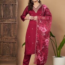 Growdamy Women Floral Embroidered Regular Thread Work Chanderi Silk Kurta with Trousers & With Dupatta-picture-13