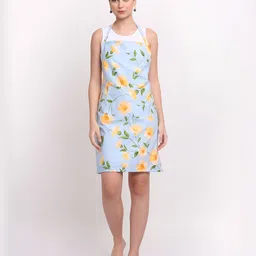 Arrabi Blue & Yellow Floral Printed Cotton Aprons With 2 Patch Pockets-1