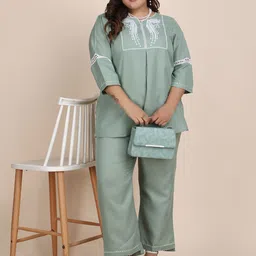 Bani Women Embroidered Plus Size Round Neck Tunic With Trouser Co-Ords-12