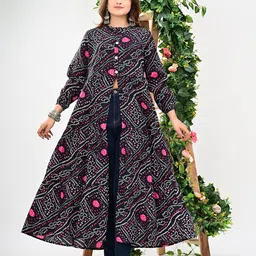 VASUPRADA Bandhani Printed Front High Slit Mandarin Collar A-Line Kurta-image-77