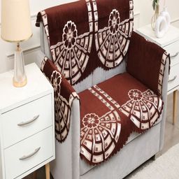 Fashion Throw Set Of 4 Coffee Brown & White Printed Jacquard Sofa Cover With Arms-11
