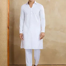 Inddus Floral Embroidered Chikankari Shirt Collar Straight Kurta With Trousers-image-81