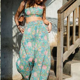 ODHANON Floral Printed Pure Cotton Crop Top & Flared Palazzo-picture-2