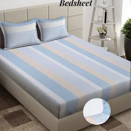 Arrabi Blue & Pink Striped 300 TC King Bedsheet with 2 Pillow Covers-image-13