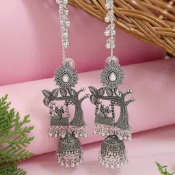 I Jewels Silver-Plated Oxidised Dome Shaped Jhumkas With Earchain-picture-36
