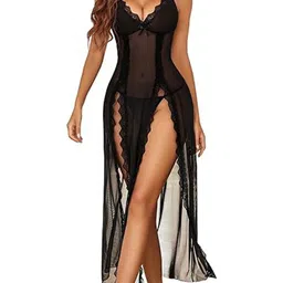 SECRETS BY ZEROKAATA Sheer Self Design Long Nightwear Baby Doll Lingerie for Women-image-72