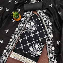 HERE&NOW Floral Embroidered Thread Work Chanderi Cotton Unstitched Dress Material-picture-13
