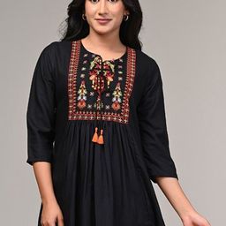 AVAYAYAT Floral Embroidered Tie-Up Neck Pleated Thread Work A-Line Kurti-5
