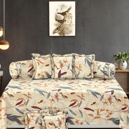 Luxmi Cotton Fabrics 8Pcs Beige & Brown Floral Printed Diwan Set-10