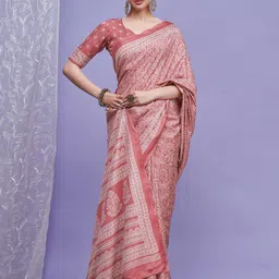 KALINI Floral Block Printed Dola Silk Saree With Blouse Piece-picture-34