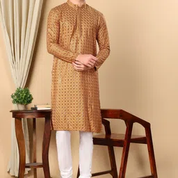 TATTVA Floral Embroidered Mandarin Collar Sequinned Pure Cotton Straight Kurta With Pyjama-image-37