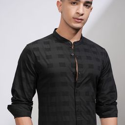 HIGHLANDER Men Slim Fit Band Collar Textured Cotton Formal Shirt-picture-15