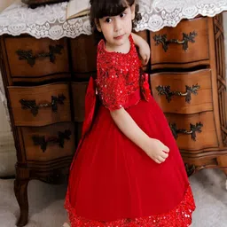 Vani Enterprise Flutter Sleeve Net Fit & Flare Midi Dress image 3