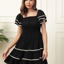 DEEBACO Women Square Neck Lace-Up Tiered Fit & Flare Dress-image-57
