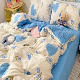 JC HOME Blue & Green Solid Polycotton 3 Piece Single Regular Bedding Set-image-83