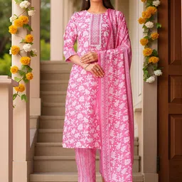 Banwaree Women Floral Printed Thread Work Pure Cotton Kurta with Trousers & Dupatta-picture-28