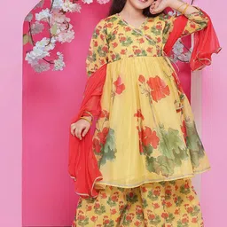 Bitiya by Bhama Girls Floral Printed V-Neck Anarkali Kurta with Sharara & Dupatta-image-41