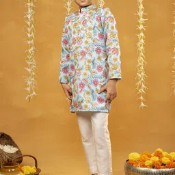 Jilmil Boys Floral Embroidered Regular Thread Work Silk Crepe Kurta with Pyjamas-35