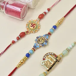 MEIRA JEWELLERY Set Of 3 Shiv Om Swastik Rakhis With Greeting Card & Roli Chawal-9