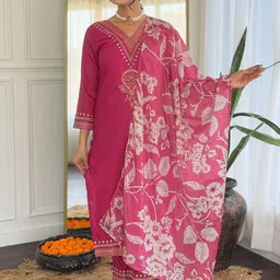 Wellesta Ethnic Motifs Embroidered V-Neck Straight Kurta With Trousers And Dupatta-picture-22