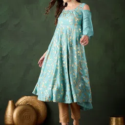 Sangria Foil Floral Printed Cold Shoulder Anarkali Kurta-picture-15