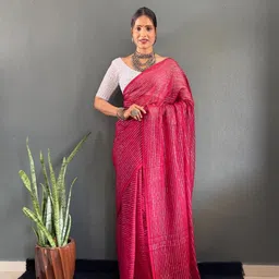 AQUILIQ Pink Ombre printed saree with solid border And Chikan Kari blouse Piece-image-84
