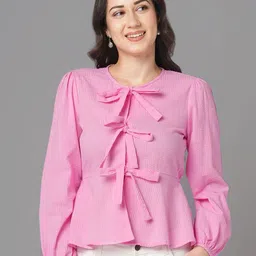 ZESTX Tie-Up Neck Puff Sleeve Cotton Top-image-35
