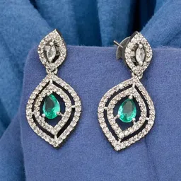 Gemron Jewel Rhodium-Plated American Diamond Studded Contemporary Drop Earrings-50