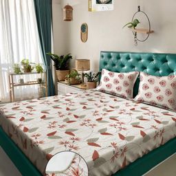 KLOTTHE Beige And Red Floral Printed Cotton 400 TC Double Bedsheet Set 2.50 m x 2.20 m-1