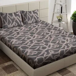 Aura Grey & Cream-Coloured 300 TC King Bedsheet with 2 Pillow Covers-5