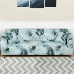 Aura Blue & White Printed Polyester 1 Piece Sofa Cover With Arms-21