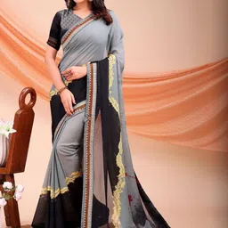 Grey Georgette Digital Print Saree With Matching Blouse Piece-53