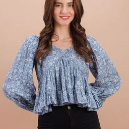Garvili Floral Print Puff Sleeve Cotton Peplum Top-image-14