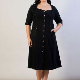 SASSAFRAS Curve Women Denim Front Button A-Line Midi Dress-picture-7