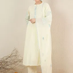 Indo Era Women Solid Embroidered Cotton Kurta with Trousers & Dupatta-45