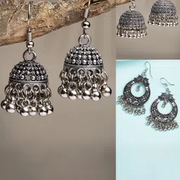 Sangria Set Of 3 German Silver Silver-Plated Ghungroo Beaded Oxidized Dome Shaped Jhumkas-49