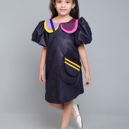 Pink Chick Colourblocked Puff Sleeve A-Line Dress-image-75