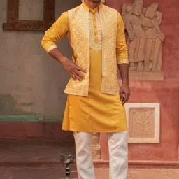 Jompers Men Embroidered Chikankari Kurta with Pyjamas With Waistcoat-50