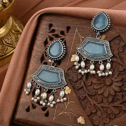 VENI 92.5 Silver Plated Artificial Stones Studded & Beaded Oxidised Teardrop Drop Earrings-picture-1