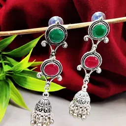 Yash Jewels Emporiums Silver Plated Artificial Stones Studded Oxidised Dome Shaped Jhumkas-image-29