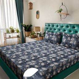 KLOTTHE Grey & White Floral 300 TC Fitted King Double Bedsheet Set-2.50mx2.25m-image-96
