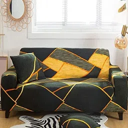 Aura Green & Yellow Printed Polyester 1 Piece Sofa Cover With Arms-image-93