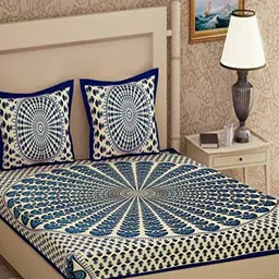 Aura Beige And Blue Printed Pure Cotton 144 TC Queen Bedsheet Set 2.10 m X 2.30 m-image-63