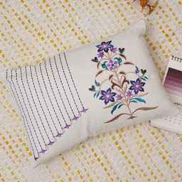 Ratan Cart Purple & White Floral Embroidered Cotton Rectangle Cushion Covers-59