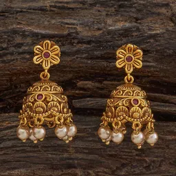 Kushal's Fashion Jewellery Gold-Plated DomeShaped Stone Studded & Beaded Antique Jhumkas-1