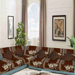 SAWNA HOMES Brown & Beige 12 Pieces Floral Printed Velvet L Shape 6-Seater Sofa Covers-12