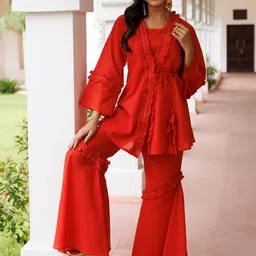 Ragavi Pure Cotton Ruffle Round Neck Top With Jacket & Sharara Pant Co-Ords-image-14
