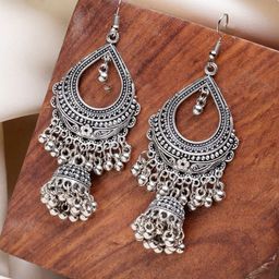 Sangria Silver-Plated Oxidized Beaded Jhumka Earrings-41