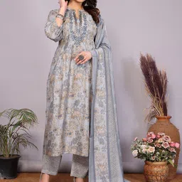 Rangita Women Floral Embroidered Regular Thread Work Chanderi Silk Kurta with Trousers & With Dupatta-picture-5